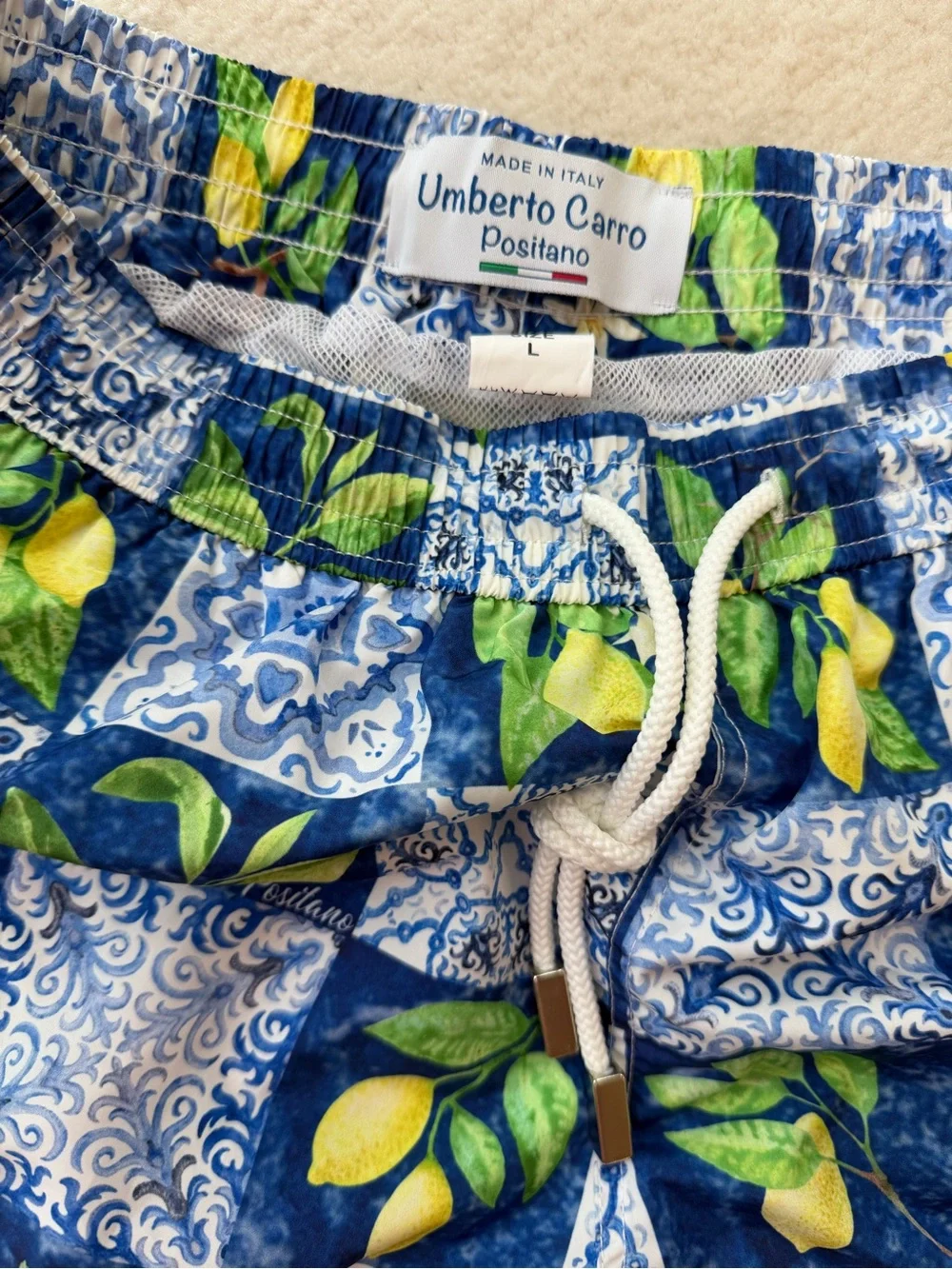 Umberto Carro Positano Blue Lemon Tile Print Swim Trunks
